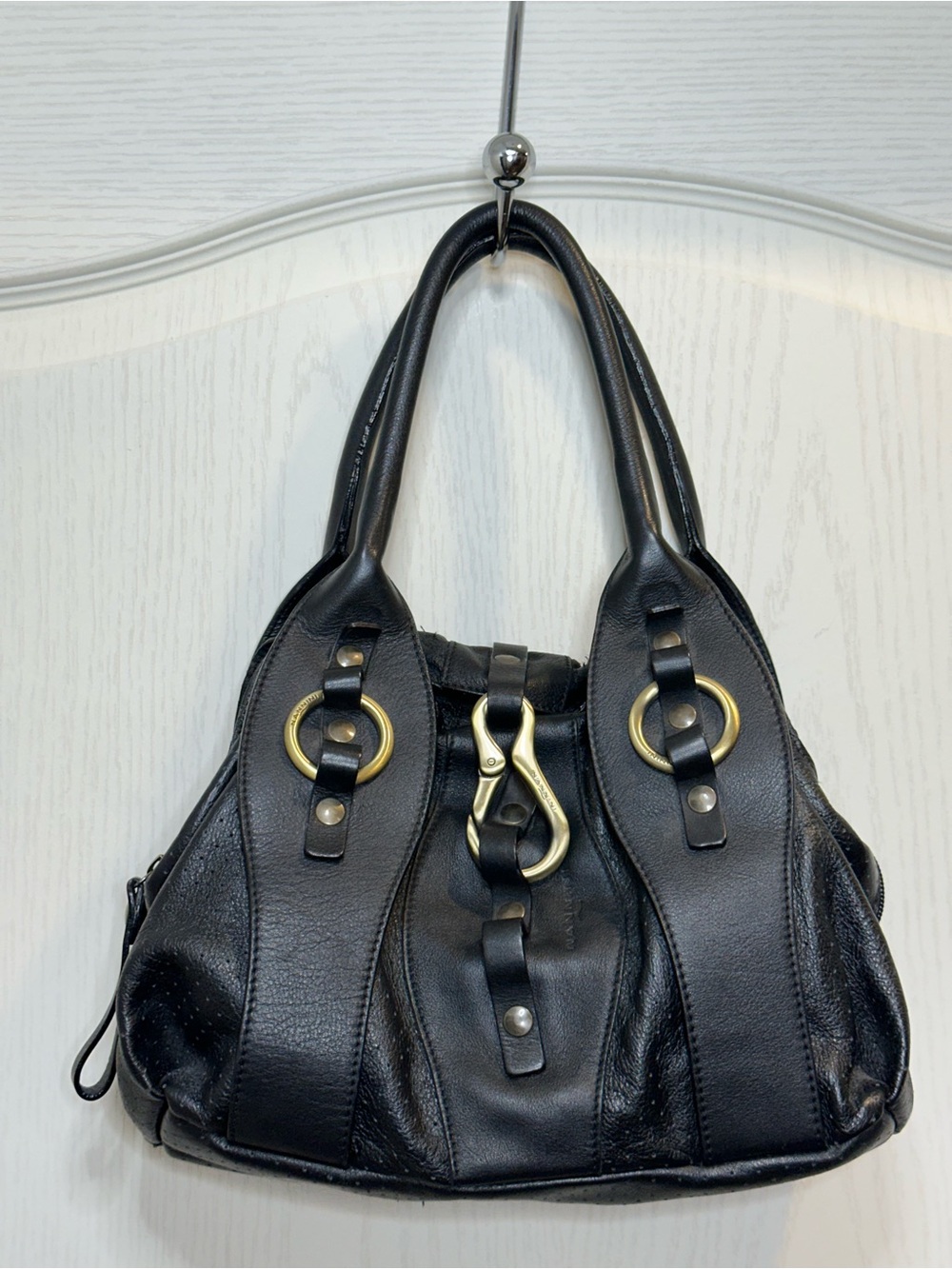 Nannini Italy Black Leather Hobo Bag Brass Clasp Hardware Vintage VGC